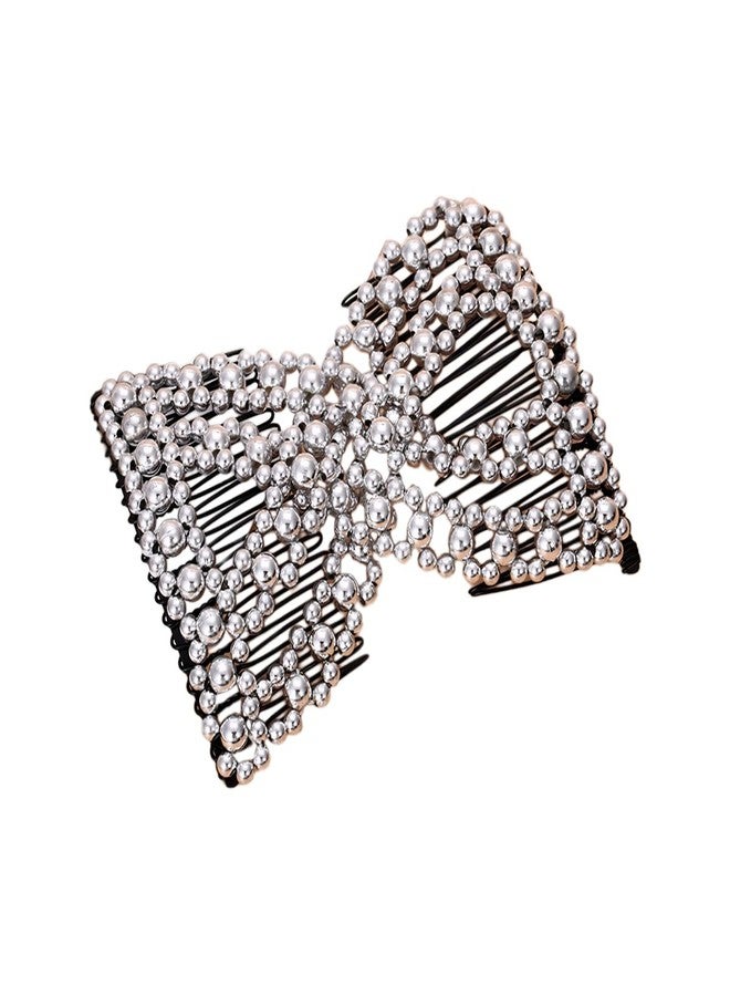 Ruihfas 1 PCS Magic Hair Combs Beaded Stretch Double Side Combs Adjustable Elastic Hair Clips Bun Maker for Women Hairstyling Ponytail Holder (Silver) - Image 1